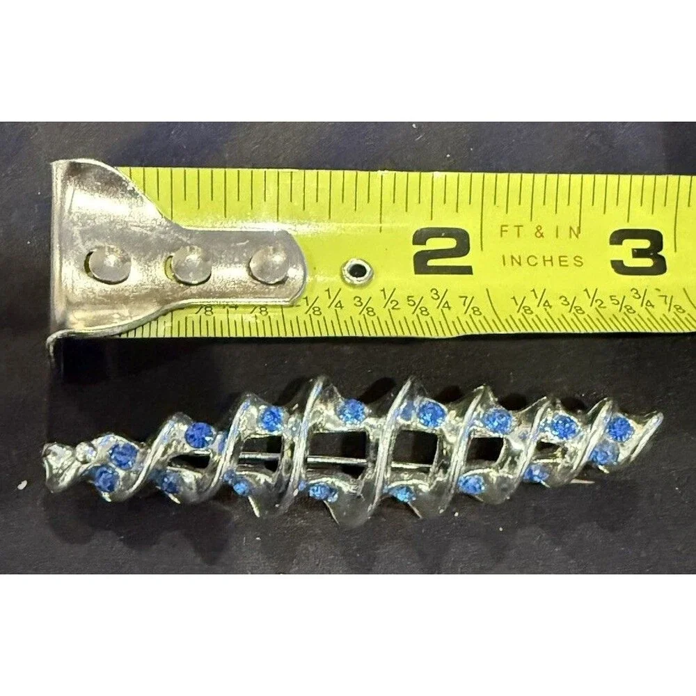 Vintage Silver Tone Spiral/Screw Brooch Pin Brilliant Blue Rhinestones Costume